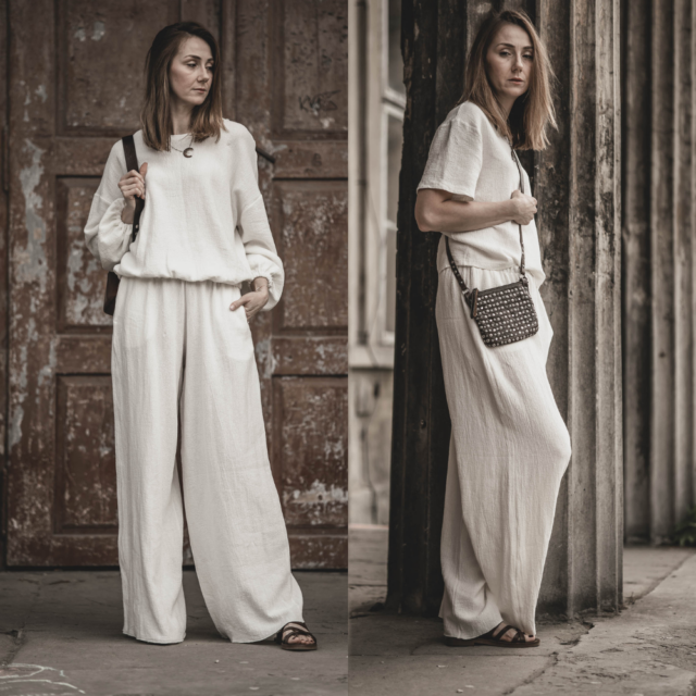 Zestaw lniany: spodnie palazzo + bluzka ecru